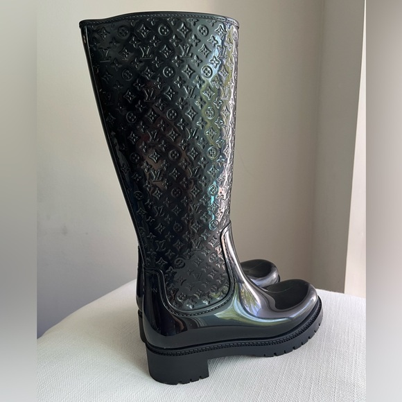 Louis Vuitton 36 Black Monogram Splash High Rain Boots - Picture 2 of 9